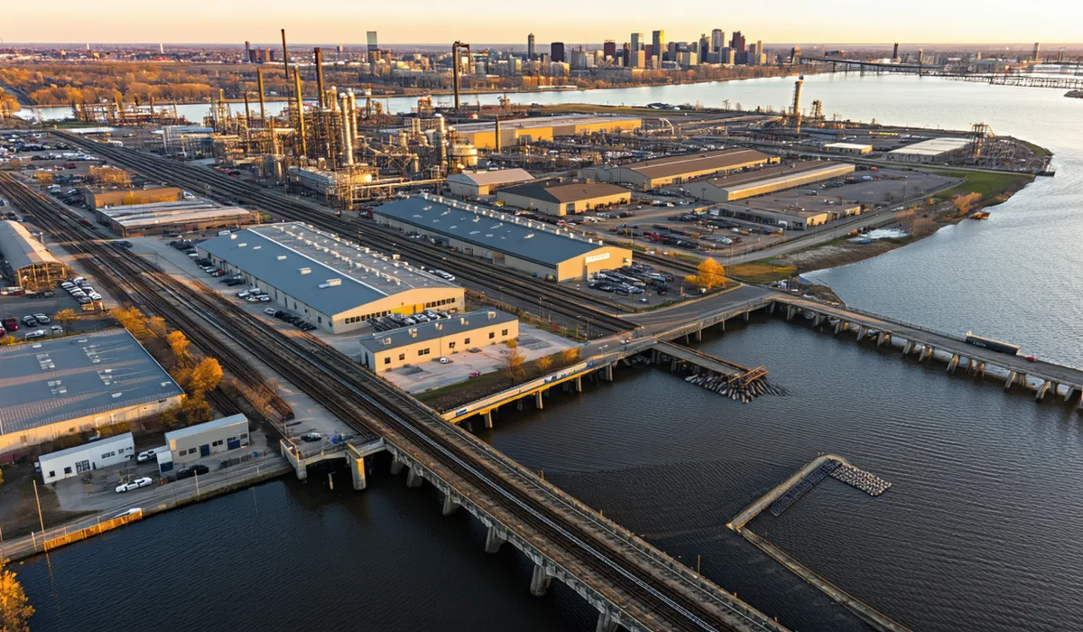 Aerial view of Detroit manufacturing corridor along the Detroit River showing industrial facilities and the urban skyline