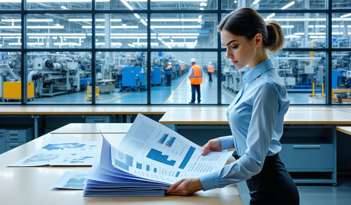 Environmental compliance officer reviewing EPR documentation at a manufacturing facility desk with industrial background