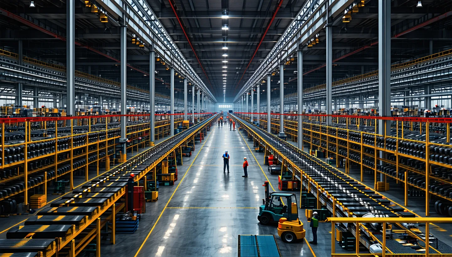 Automotive stamping plant interior showing steel coil racks and press lines from above, industrial scale equipment in foreground