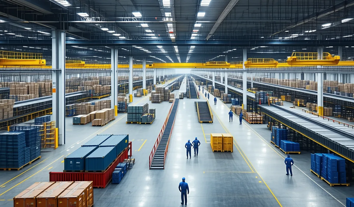 Overhead view of automotive manufacturing plant floor showing stamping lines and organized scrap collection areas