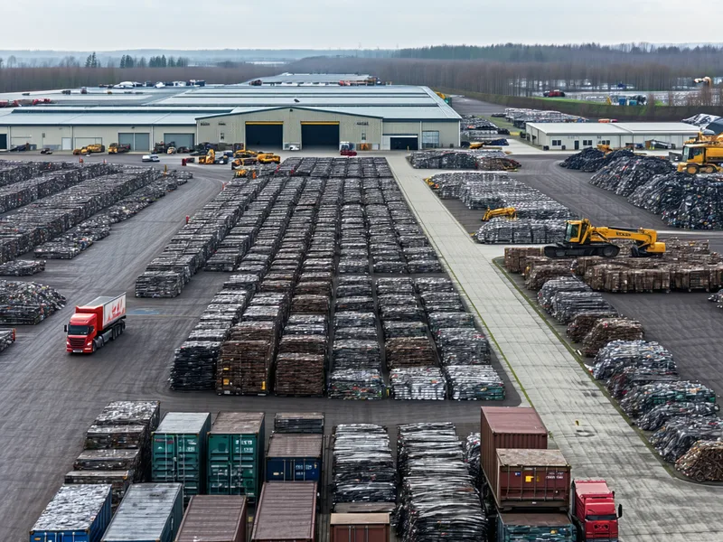 Industrial recycler yard with organized scrap containers and industrial vehicles representing material handoff checkpoint