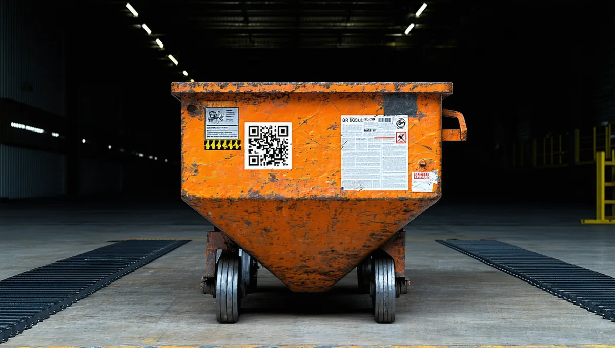 Industrial scrap container with QR tracking label on a floor scale in a manufacturing facility