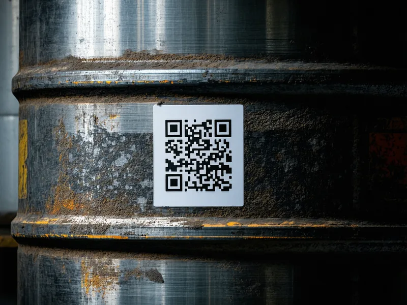 Close-up of QR barcode label applied to metal scrap container in manufacturing environment
